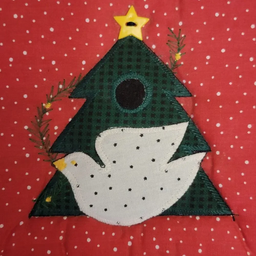 VTG 90s Christmas Oven Mitt Pot‎ Holder Set Tree Bird Applique Red Green Holiday